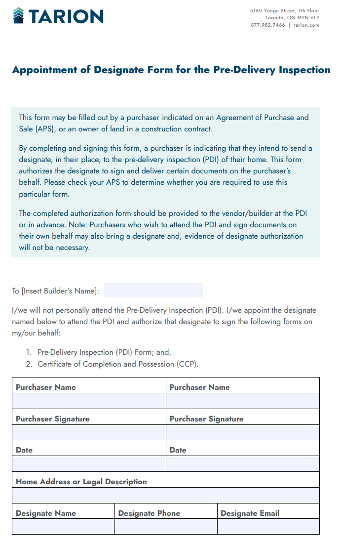 Tarion Appointment of Designate Form used to send a designate to a new home pre-delivery inspection in Ontario